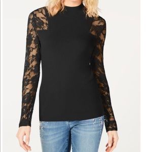 INC Black Lace-Sleeve Mock-Neck Sweater. PS